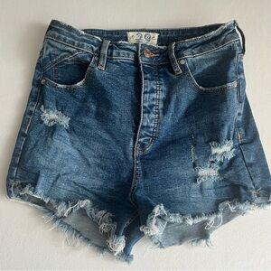 Free People Women Denim Shorts Button Fly Raw Hem Medium Wash High Rise Size 29